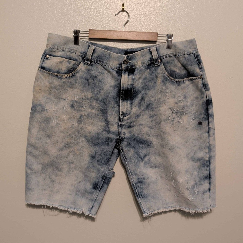 Parish Denim Shorts‎ Mens 42 Blue Acid Wash Distressed Frayed Hem Streetwear